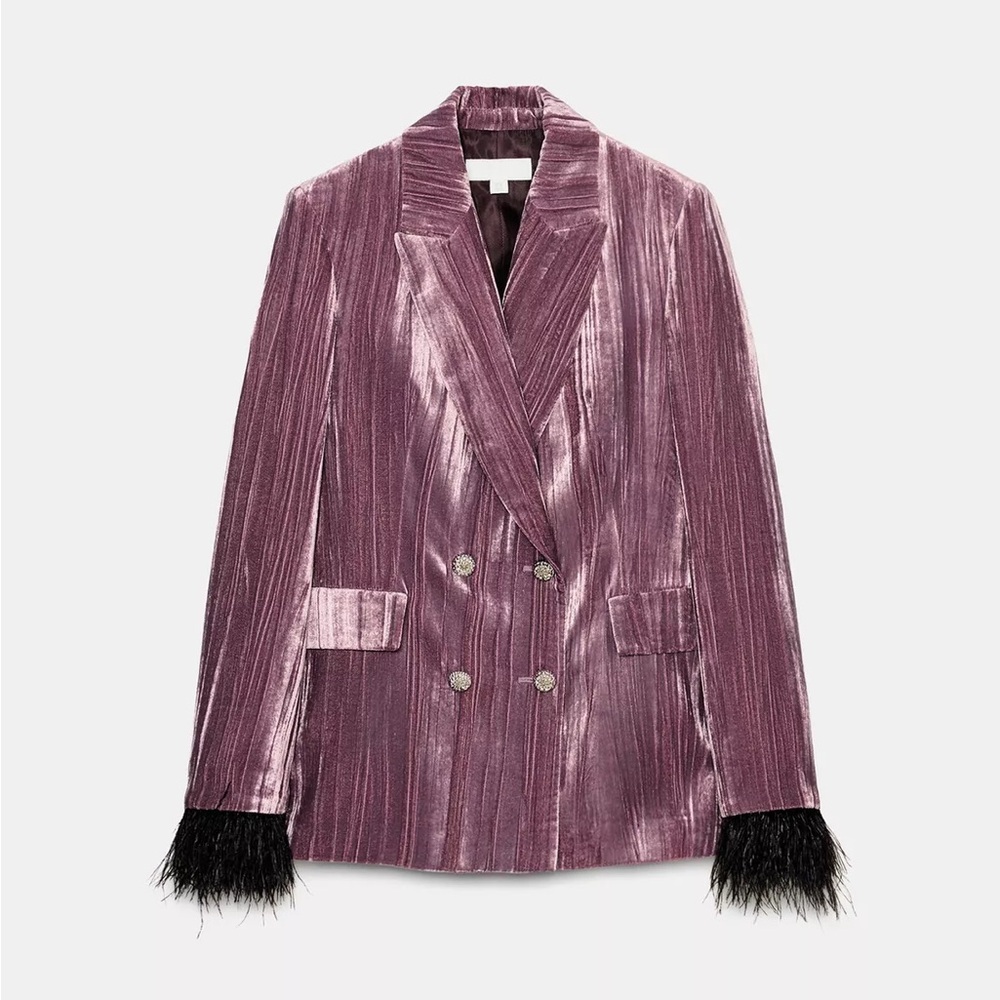 Zara Purple Women's Velvet Double-Breasted Blazer Jacket with Feather Cuffs